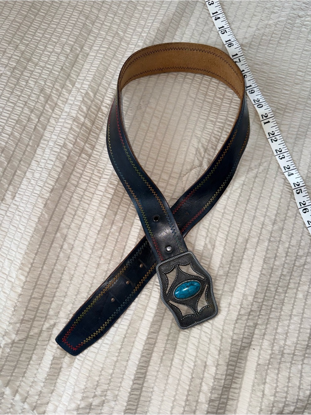 Vintage Black Leather Belt with Turquoise Stone Buckle